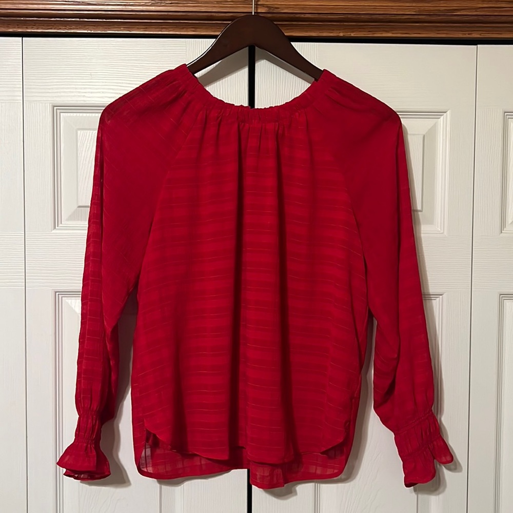 LOFT Smocked Cuff Blouse in tango red, size medium. Like new!